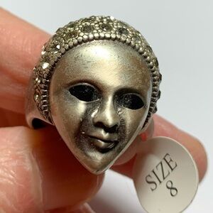 Silver Tone Women’s Face Ring Rhinestones Size 8